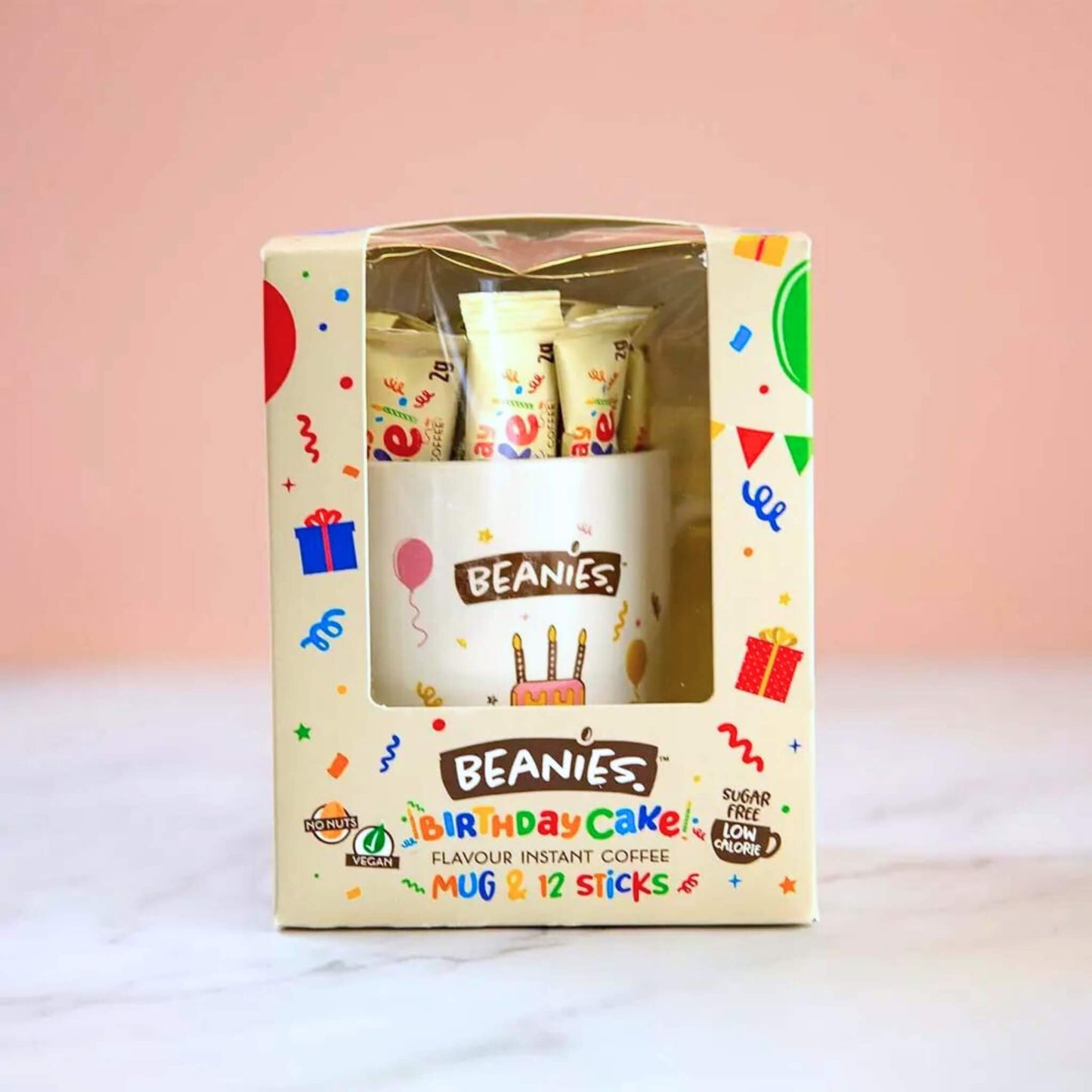 Birthday mug with individual cake flavour coffee sticks in a box