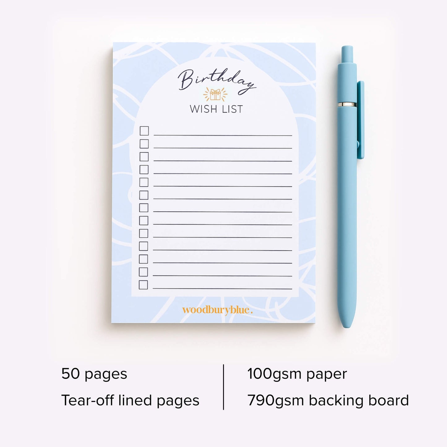A6 Birthday Wish List notepad by Woodbury Blue with blue cover design and matching pen, featuring 50 tear-off lined pages on 100gsm paper with a sturdy 790gsm backing board.