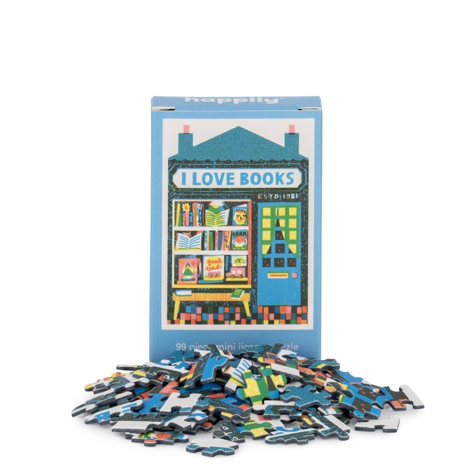 Bookshop 99 piece mini jigsaw puzzle by Happily Puzzles with colourful puzzle pieces, I love books text and blue box