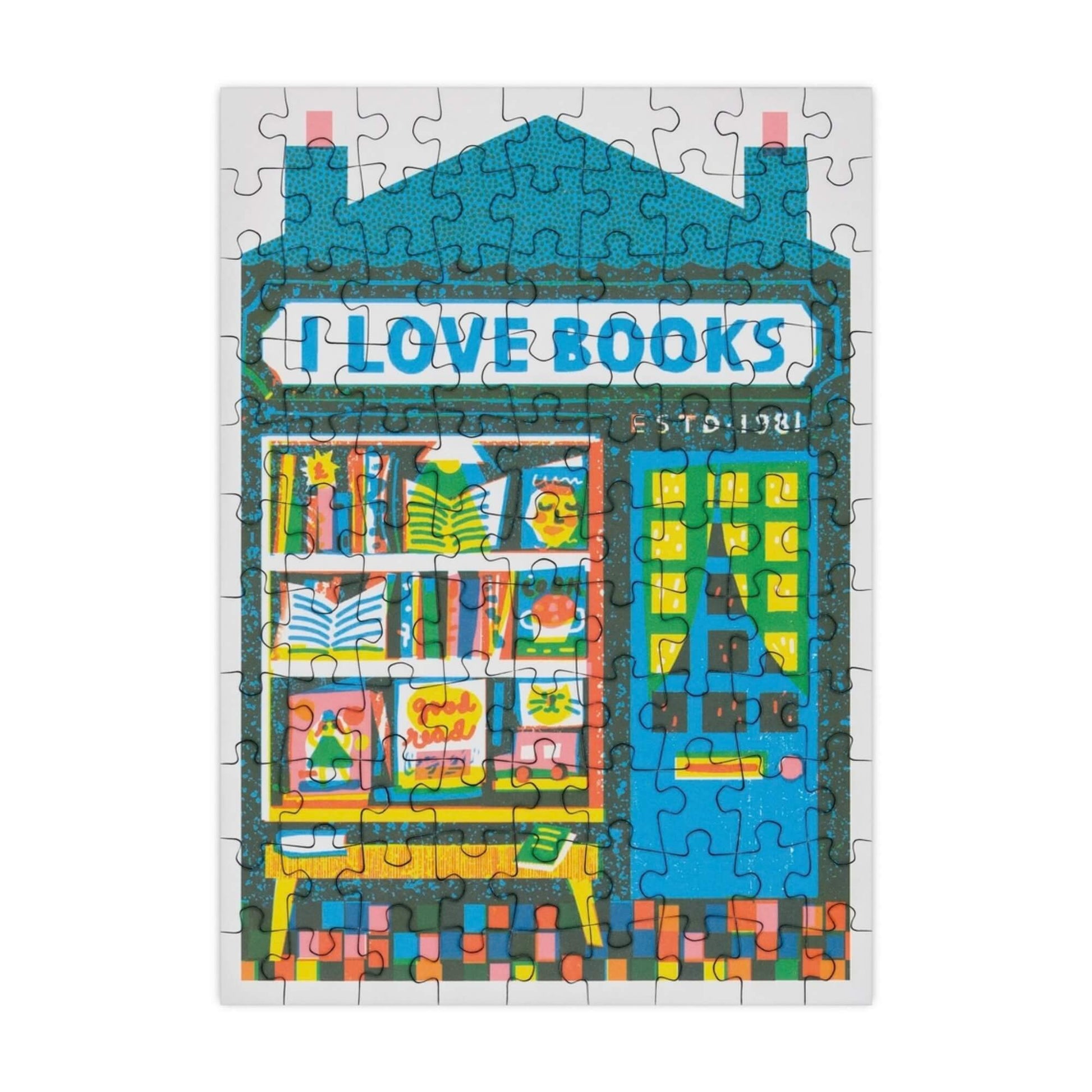 Completed Bookshop 99 piece mini jigsaw puzzle featuring a colourful illustrated bookshop