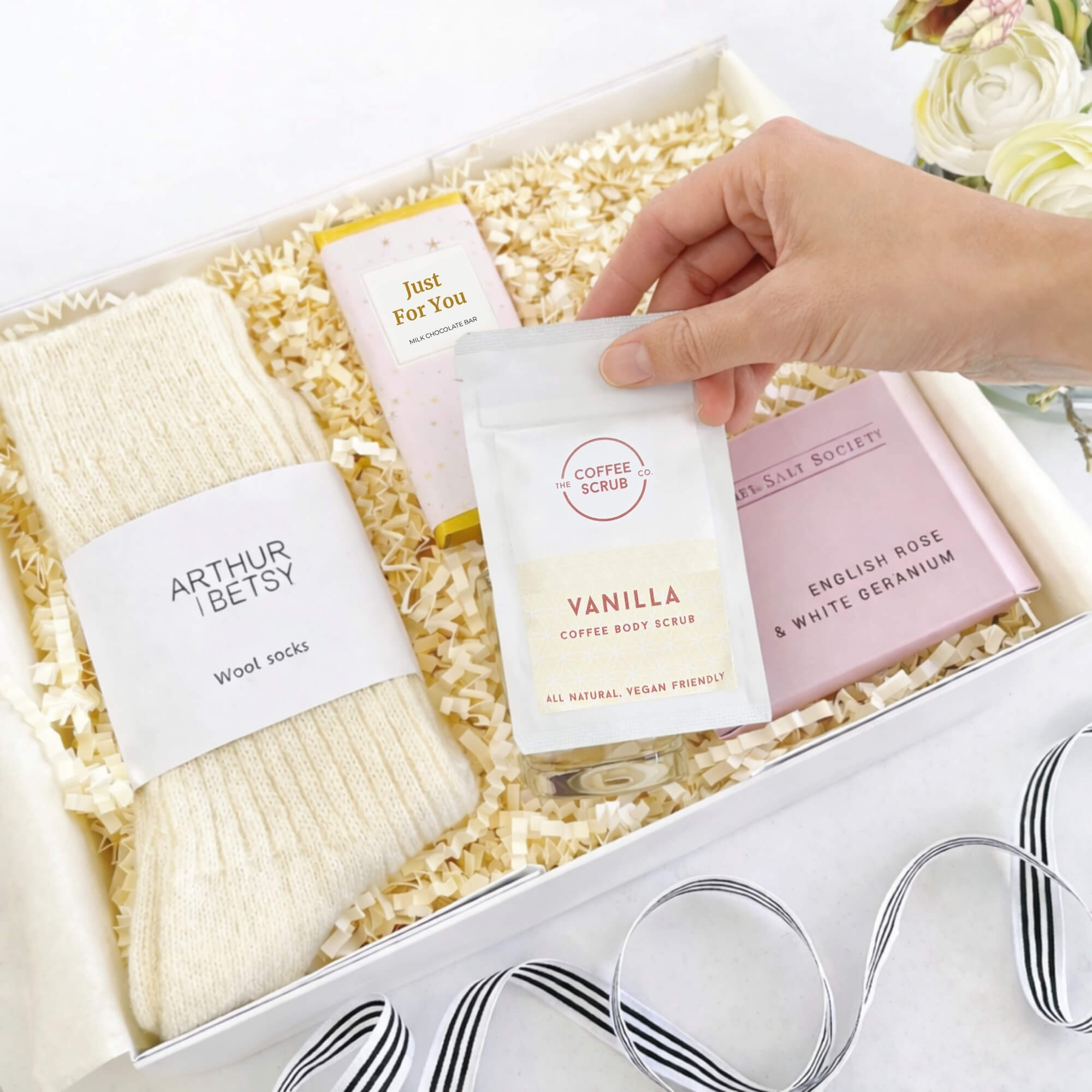 Build your own custom gift box with socks, body scrub, chocolate and bath infusion