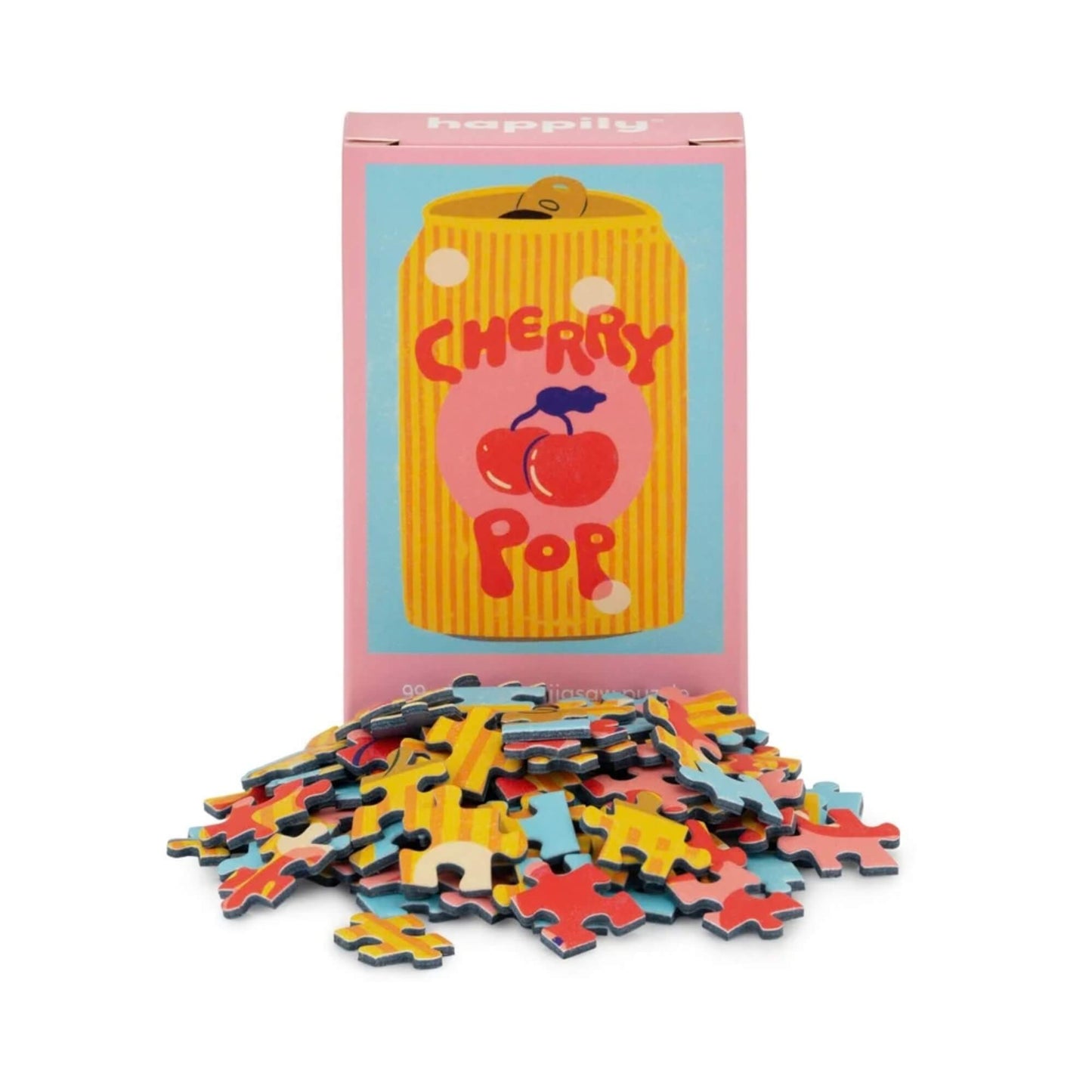 Cherry Pop 99 piece mini jigsaw puzzle by Happily Puzzles with colourful pieces and pink box