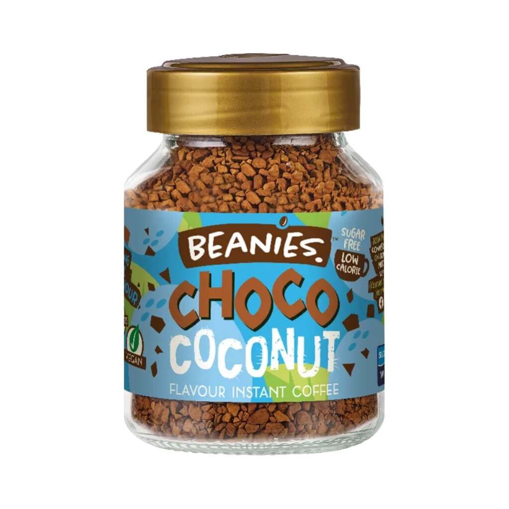 Choco-coconut flavoured instant coffee in a jar