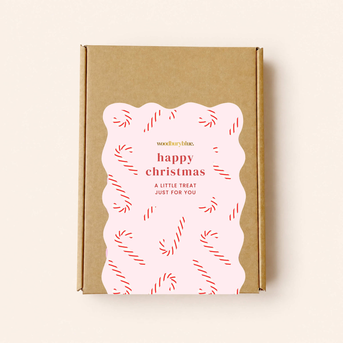 Closed kraft Christmas letterbox gift box with a pink Woodbury Blue sticker featuring red candy canes and a Happy Christmas message.