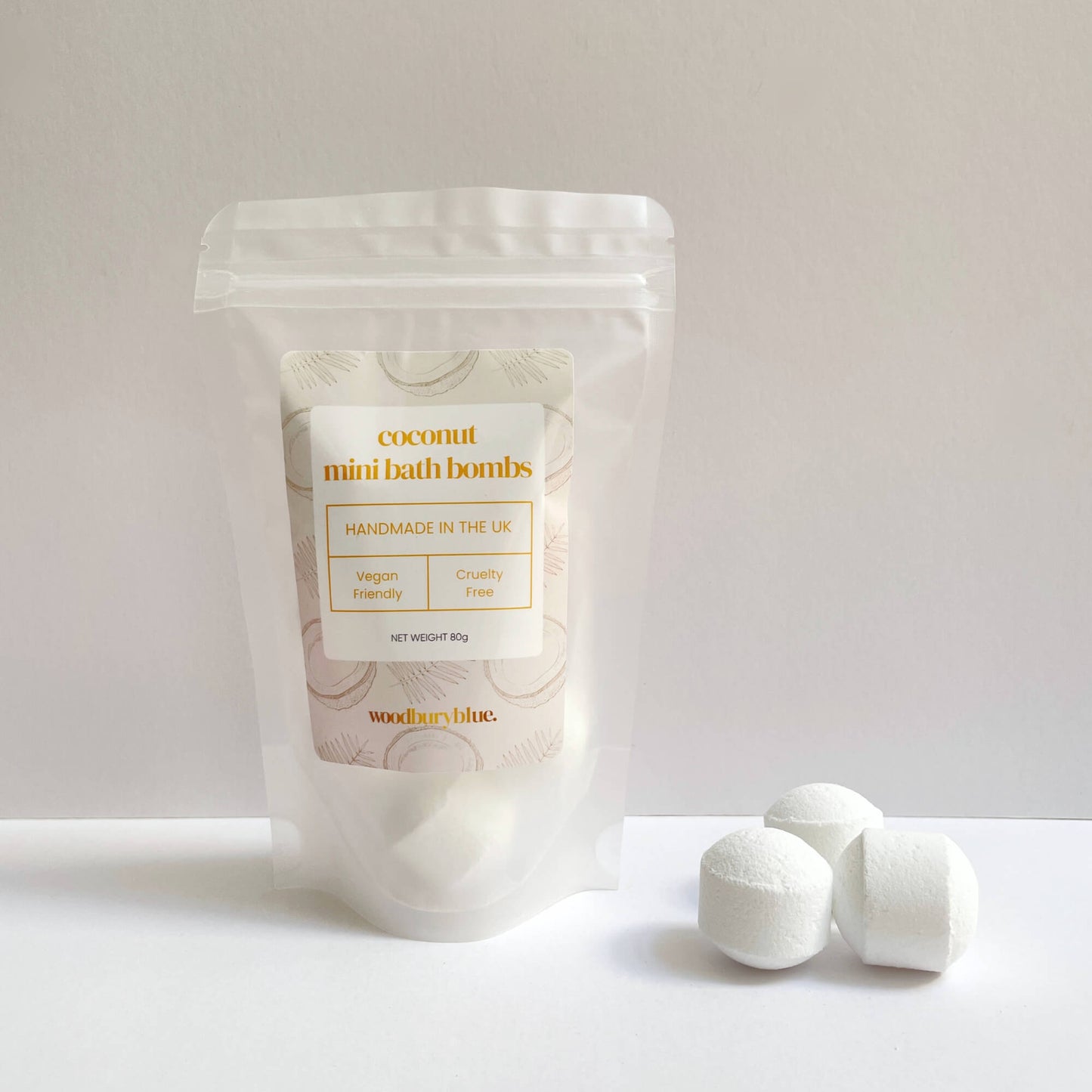 Coconut Mini Bath Bombs by Woodbury Blue in resealable pouch – handmade in the UK