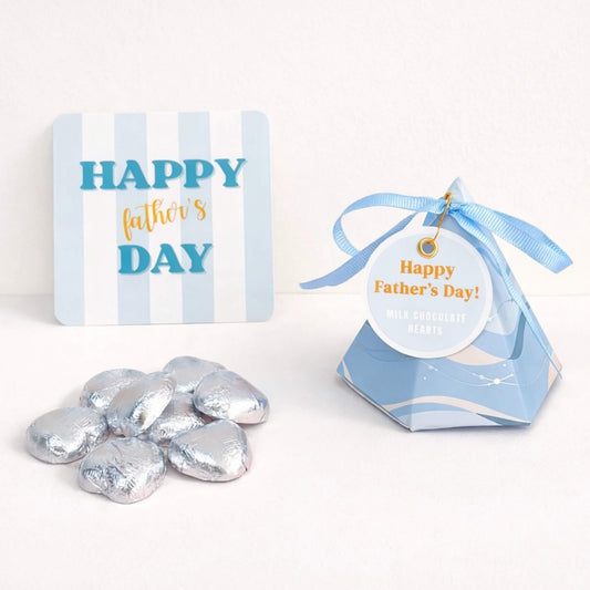 Father’s Day chocolate box with silver foiled milk chocolate hearts, blue ribbon, gift tag and Father’s Day notecard