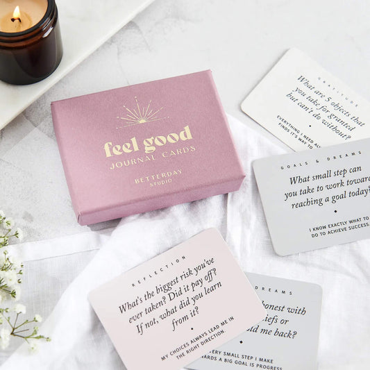 Feel good journal cards with prompts in a pink and gold gift box