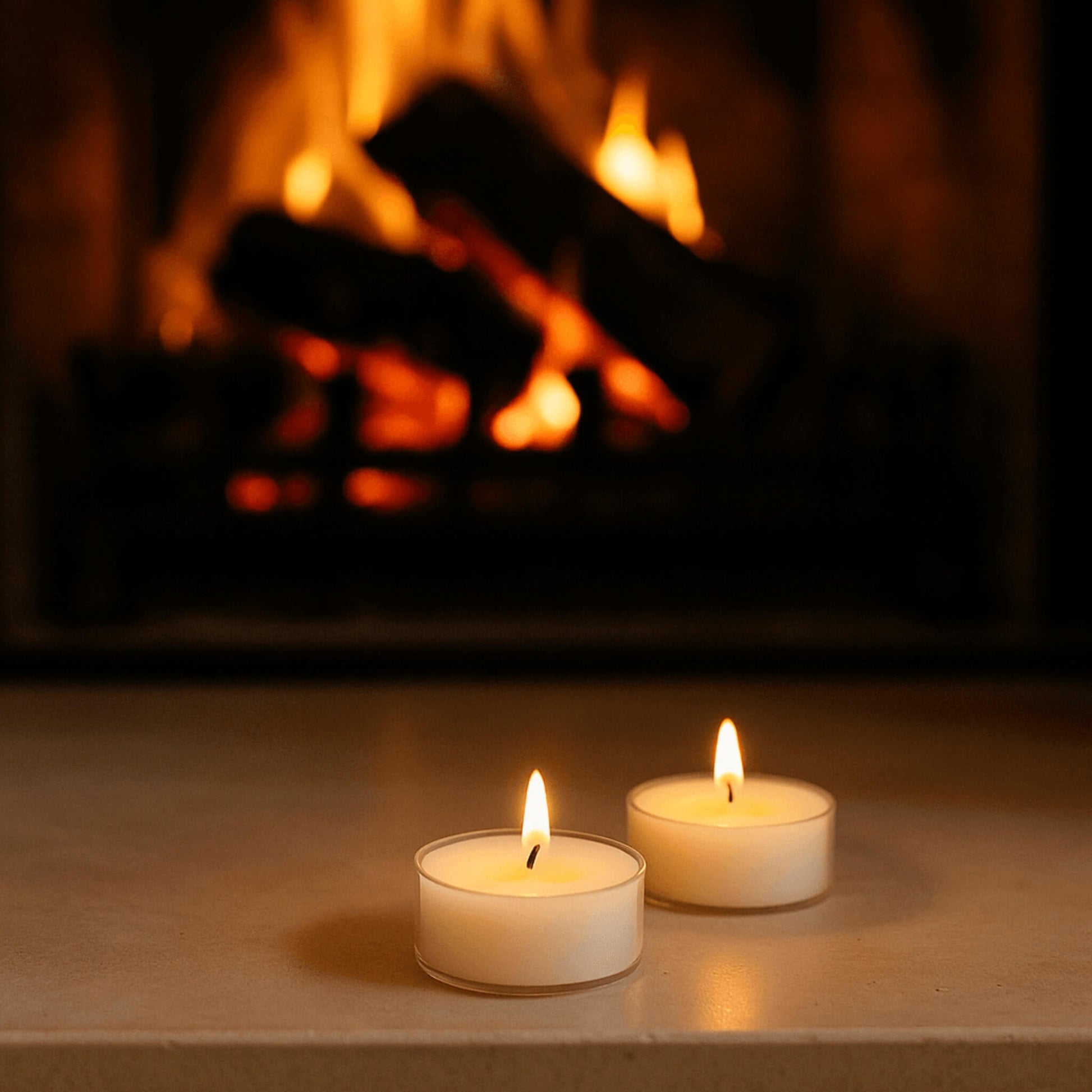 Two tea light candles lit in front of a fireplace with flames.