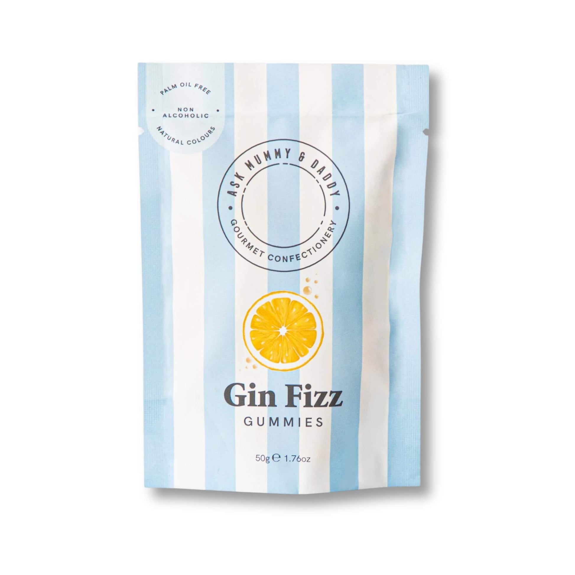 Gin Fizz flavoured gummy sweets in a blue and white striped pouch