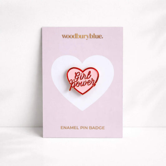 Girl Power heart enamel pin badge on soft pink Woodbury Blue backing card, empowering gift idea for her