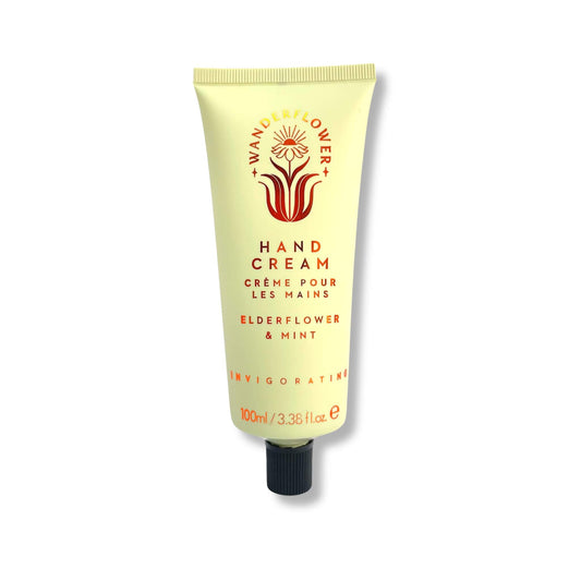 Elderflower and mint hand cream in a 100ml yellow tube