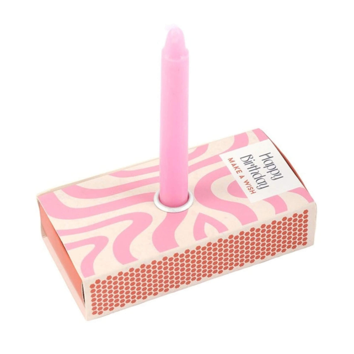 Pink birthday candle standing in the built-in holder on the Happy Birthday candle box
