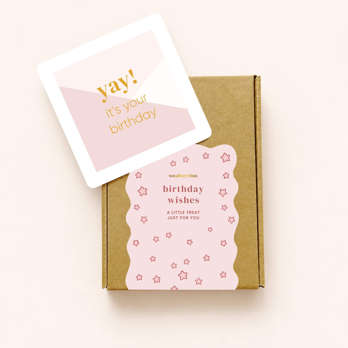 Pink Yay It's Your Birthday notecard displayed with a Woodbury Blue kraft letterbox gift box finished with a pink Birthday Wishes sticker.