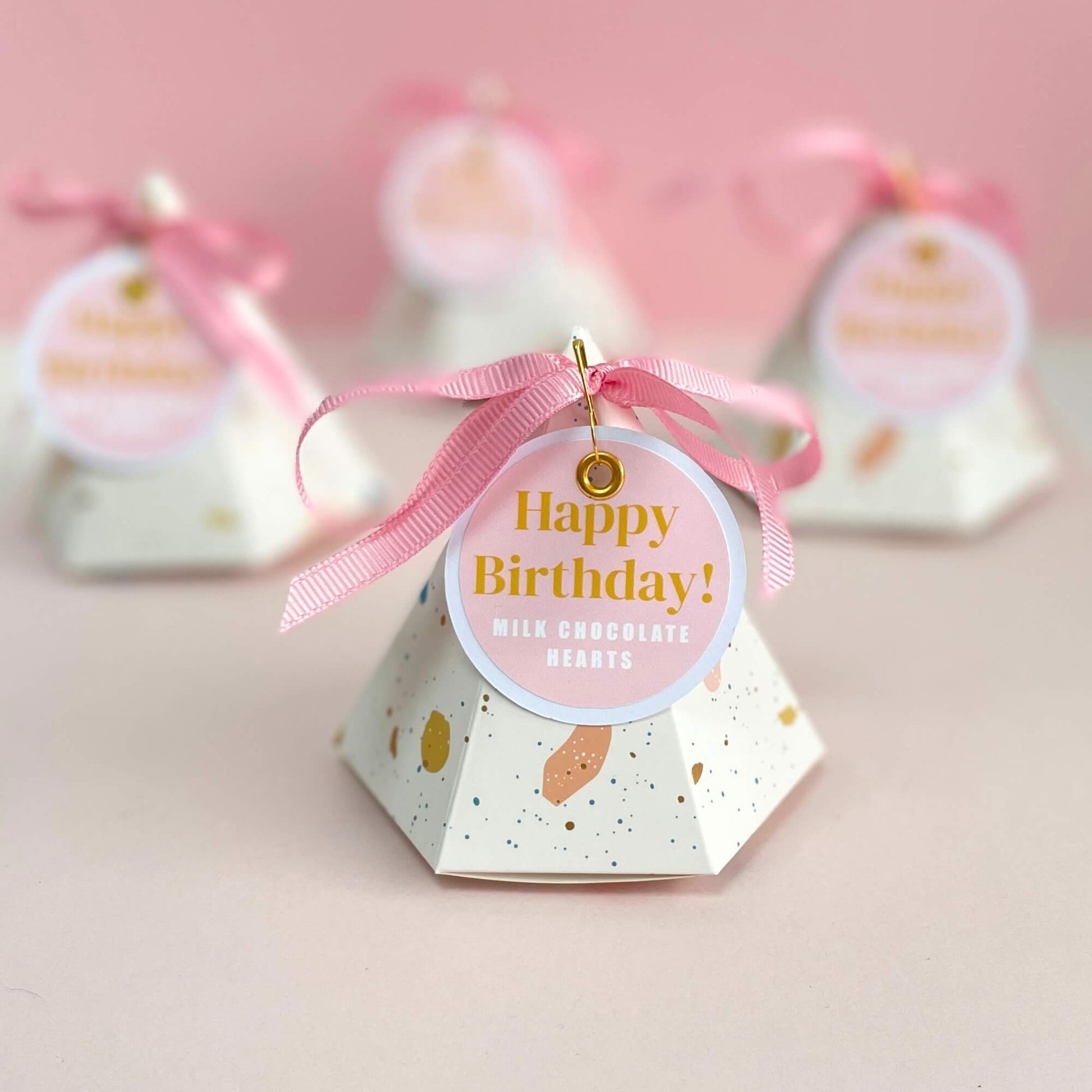 Happy birthday gift box with gift tag and pink ribbon