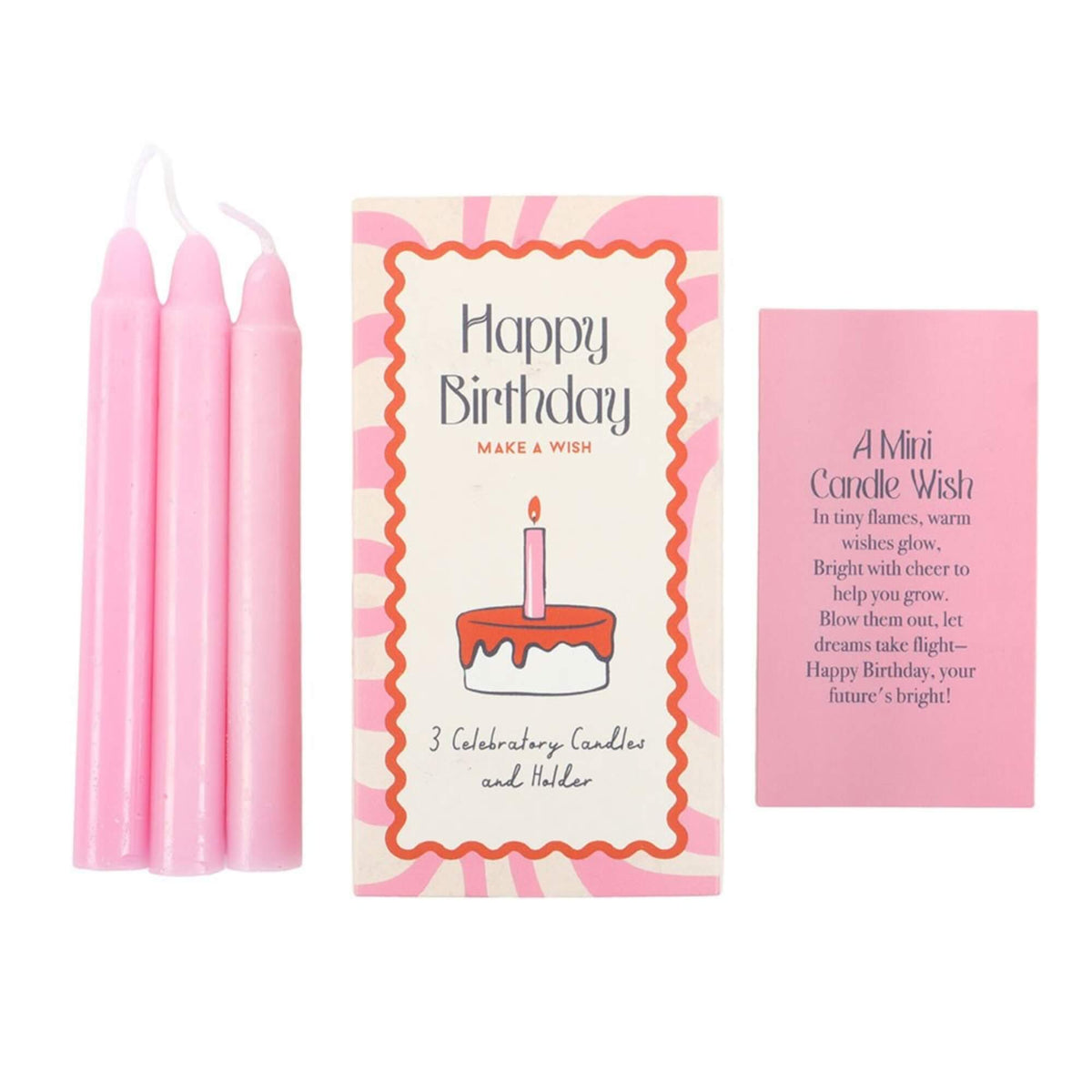 Happy Birthday mini candle set with three pink candles, candle holder box and birthday wish card