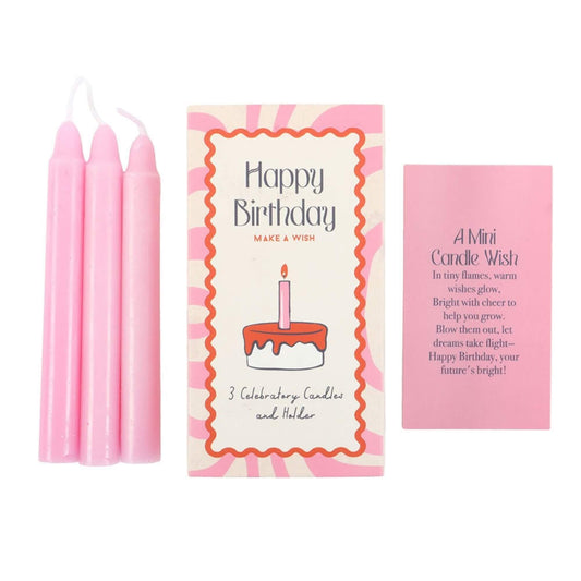 Happy Birthday mini candle set with three pink candles, candle holder box and birthday wish card