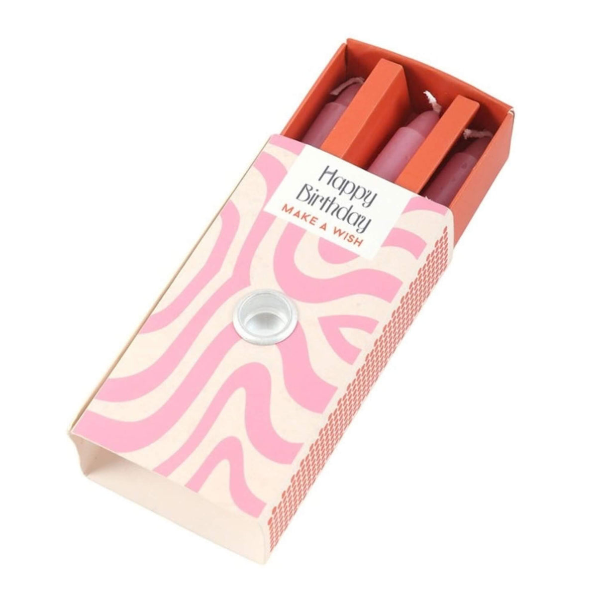 Open Happy Birthday candle box showing three pink celebration candles and built-in holder