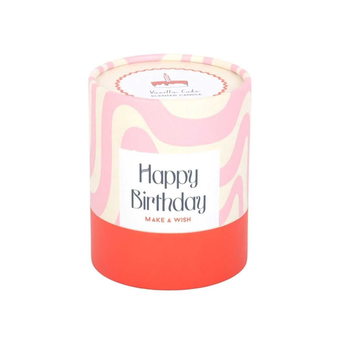 Pink cream and coral tubular gift box for the Happy Birthday Vanilla Cake scented candle