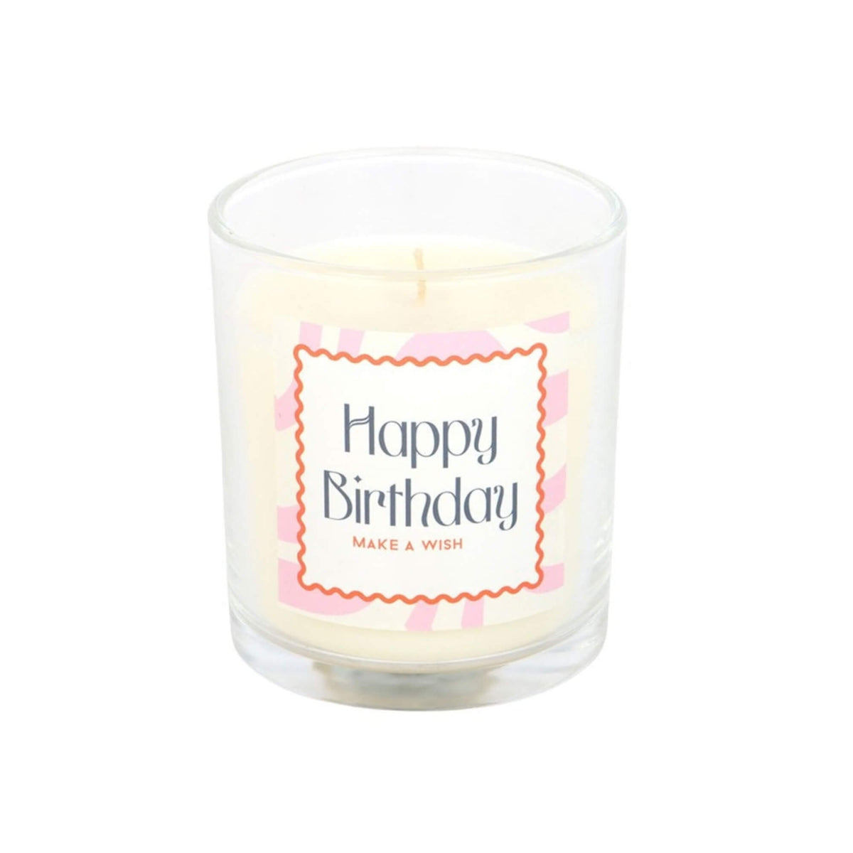 Happy Birthday Vanilla Cake scented candle in clear glass holder with Make a Wish label