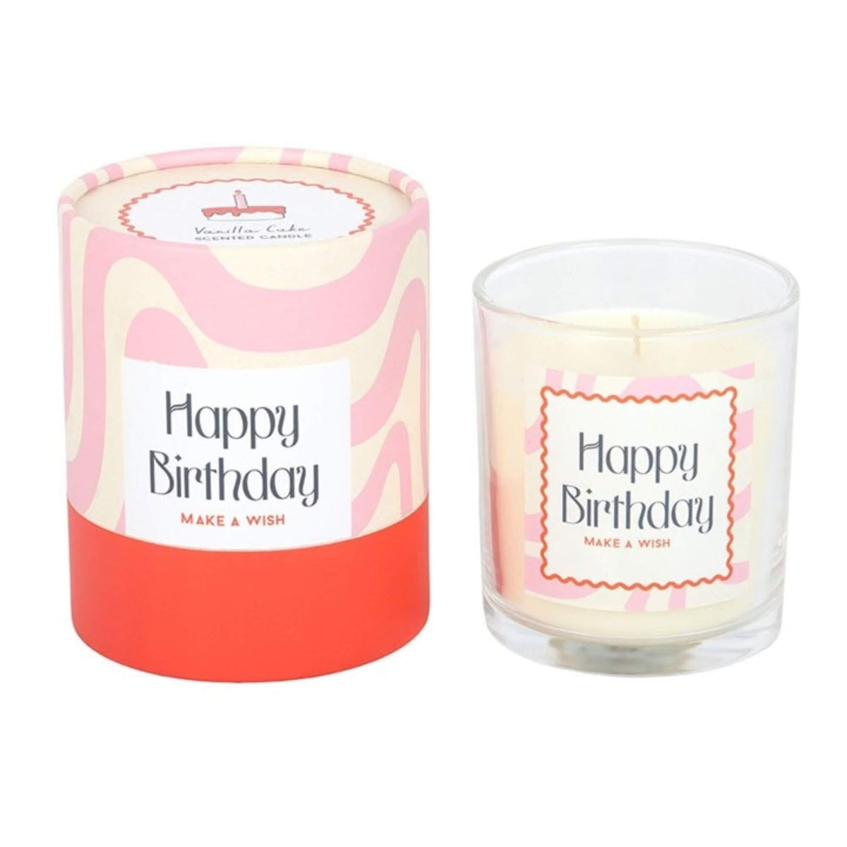 Happy Birthday Vanilla Cake scented candle in clear glass holder with pink and coral gift tube