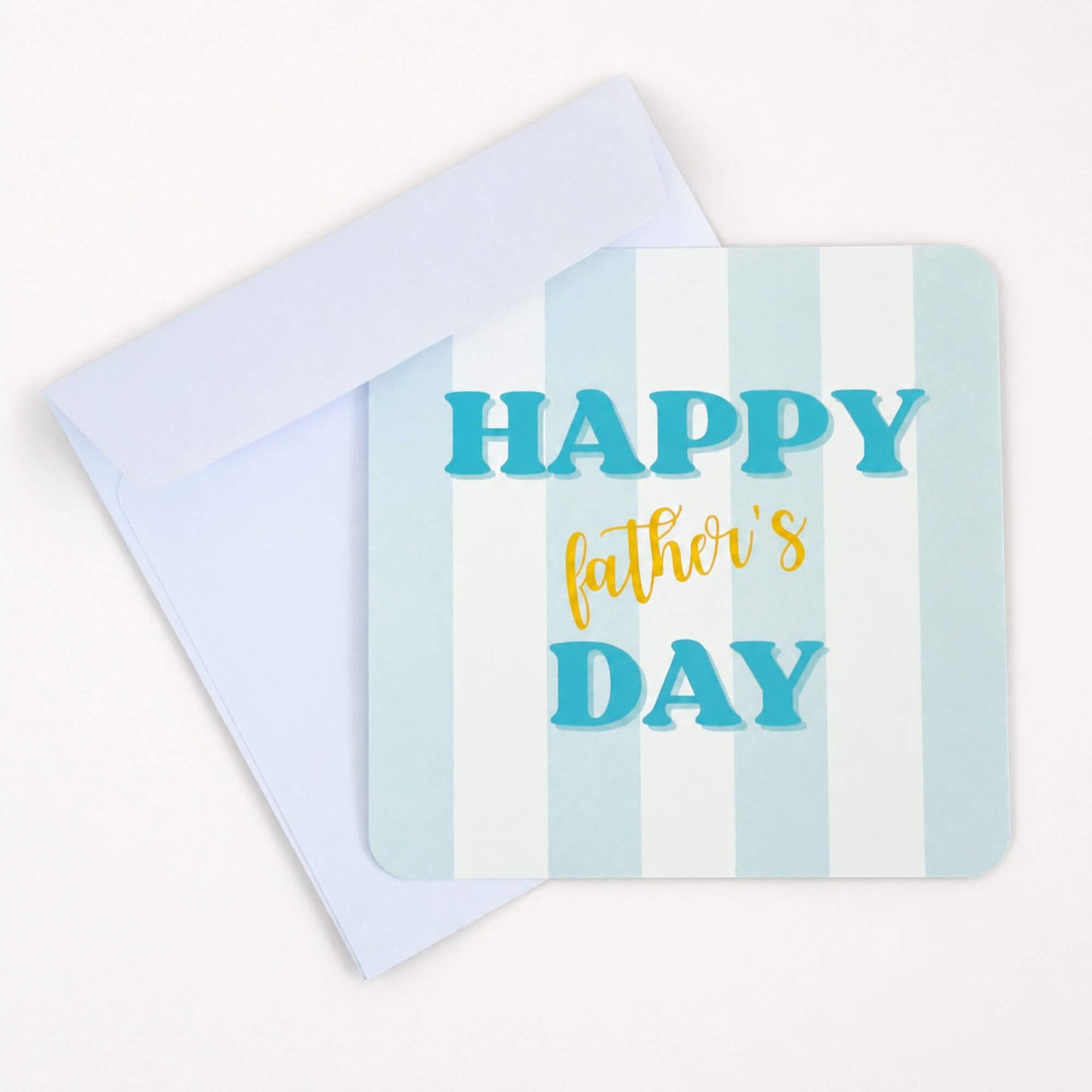 Father’s Day notecard with white envelope featuring blue stripes and Happy Father’s Day text