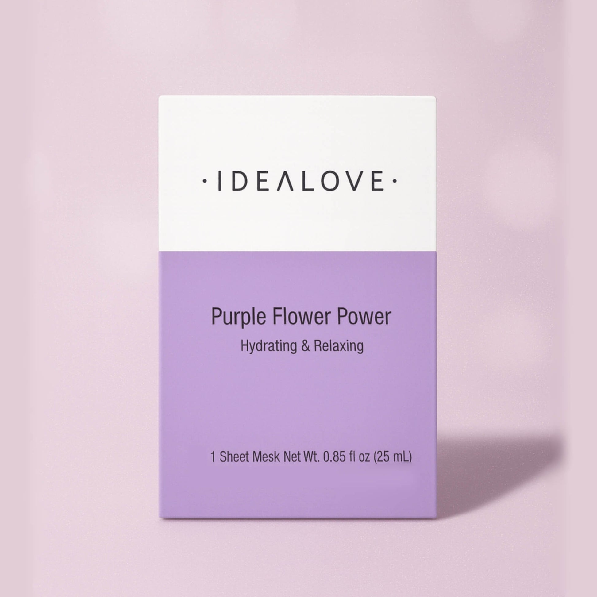 Idealove Purple Flower Power hydrating and relaxing sheet mask in lilac on a light purple background with shadow