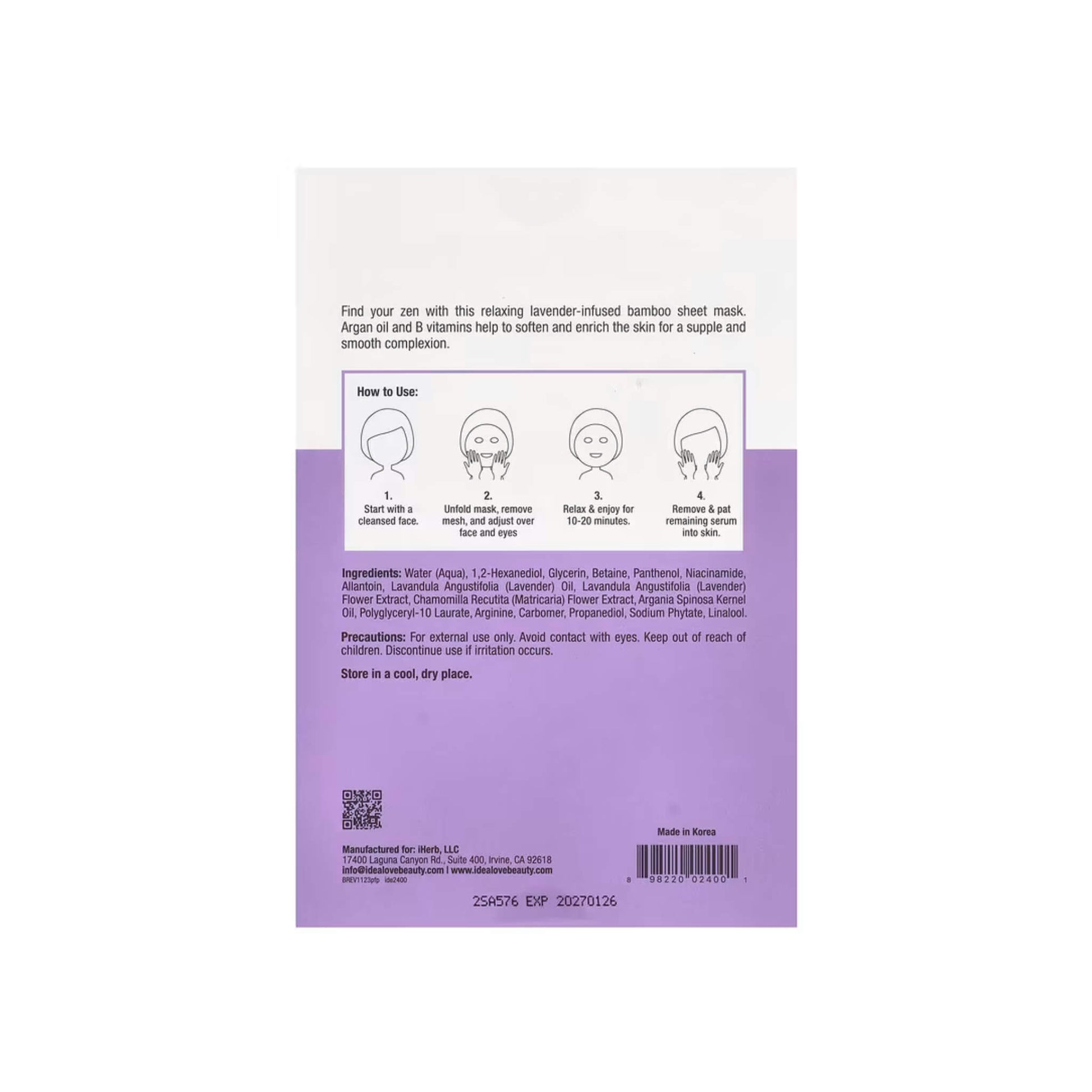 Back of Idealove lavender sheet mask showing ingredients and how to use instructions