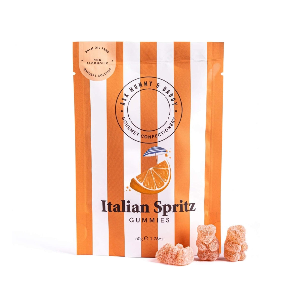 Italian Spritz gummy sweets by Ask Mummy & Daddy in an orange and white striped 50g pouch with sugar-coated gummy bears.