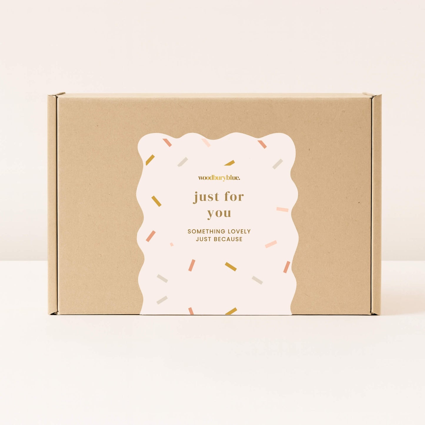Kraft gift box with pale confetti patterned just for you sticker from Woodbury Blue