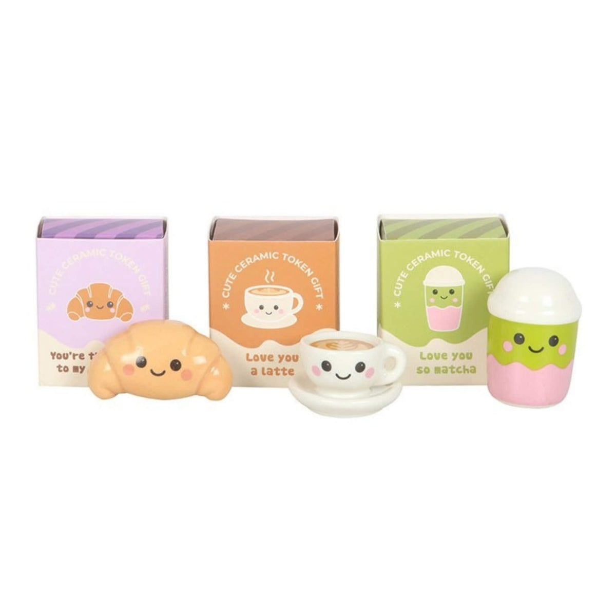 Kawaii Kafe ceramic matcha, latte and croissant token gifts with colourful mini boxes