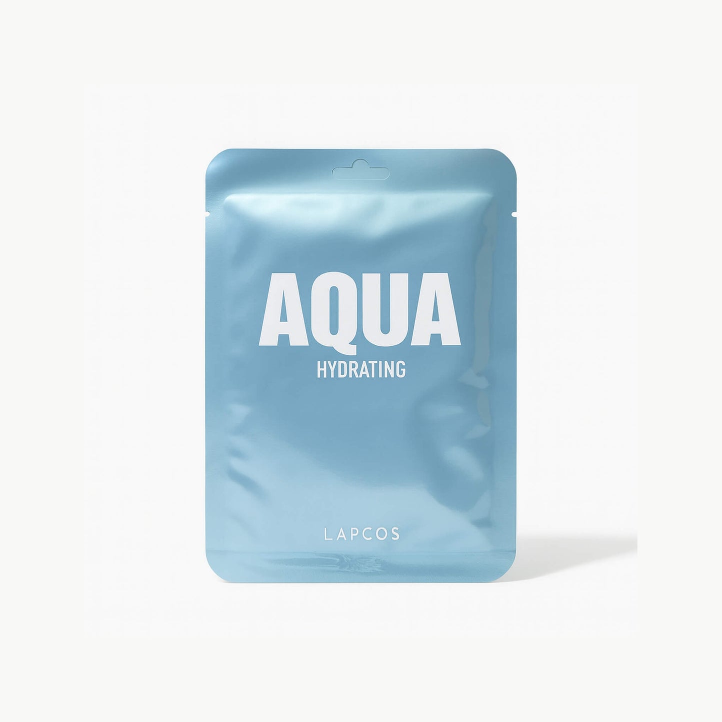 LAPCOS Aqua Hydrating sheet mask in light blue metallic packaging on a white background