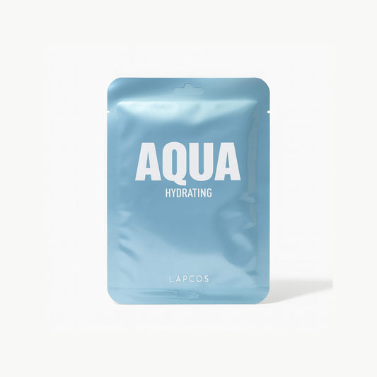 LAPCOS Aqua Hydrating sheet mask in light blue metallic packaging on a white background