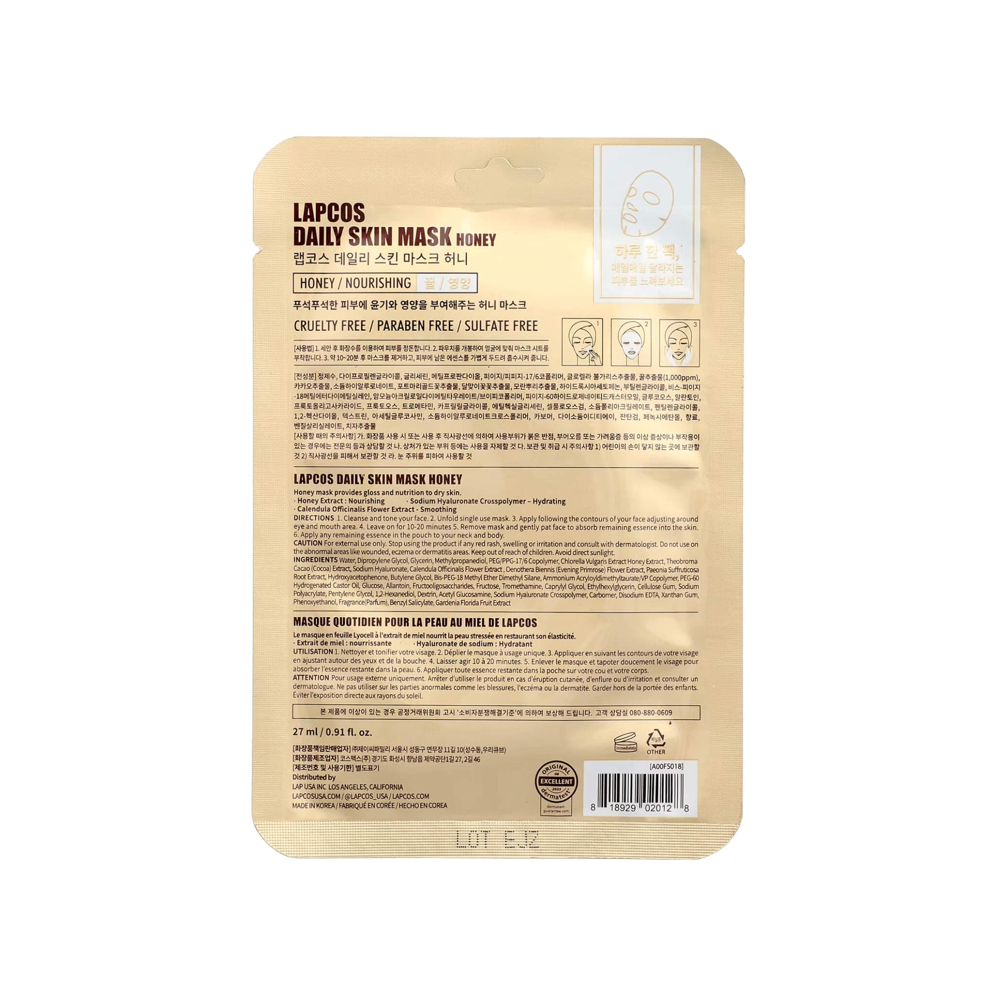 Back of LAPCOS Honey Daily Skin Mask pouch with directions and ingredients