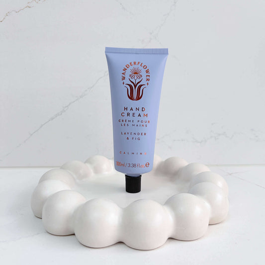Lavender and fig hand cream in a blue tube by Wanderflower, 100ml