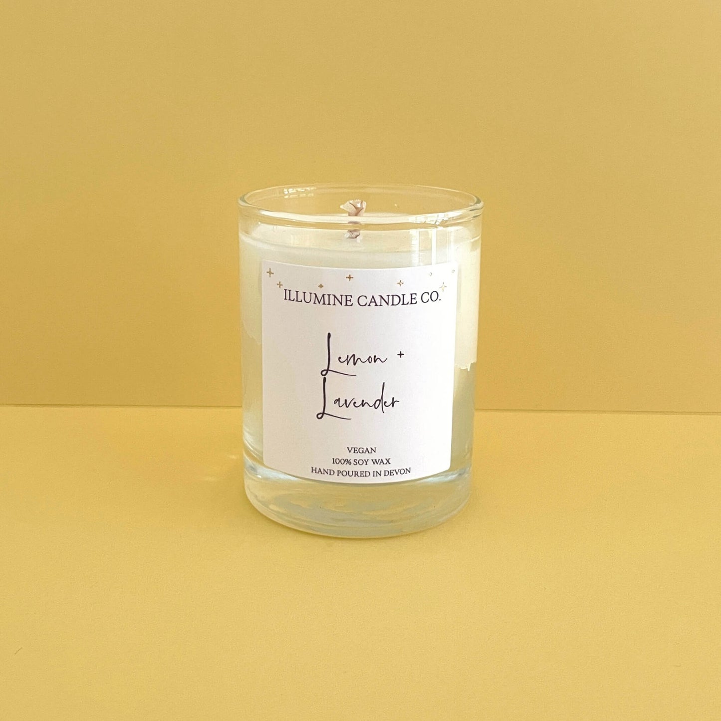 Lemon and Lavender scented soy wax candle in a glass jar