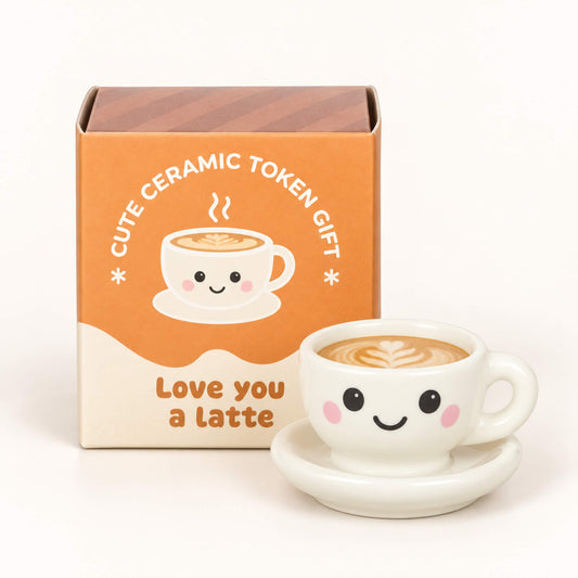 Love You A Latte ceramic coffee cup and saucer token with orange matchbox-style gift box
