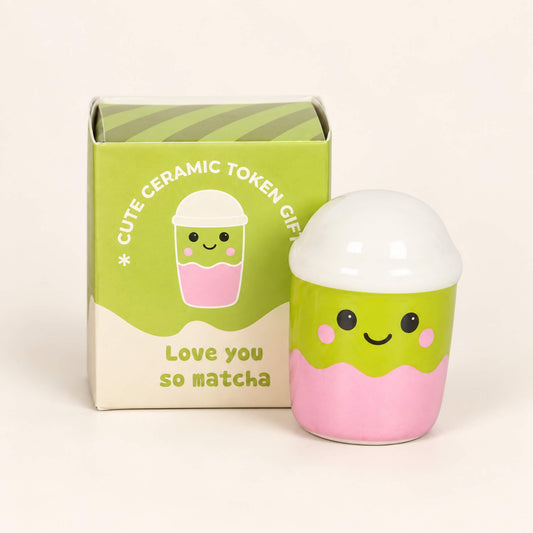 Love You So Matcha ceramic matcha cup token with green and pink matchbox-style gift box