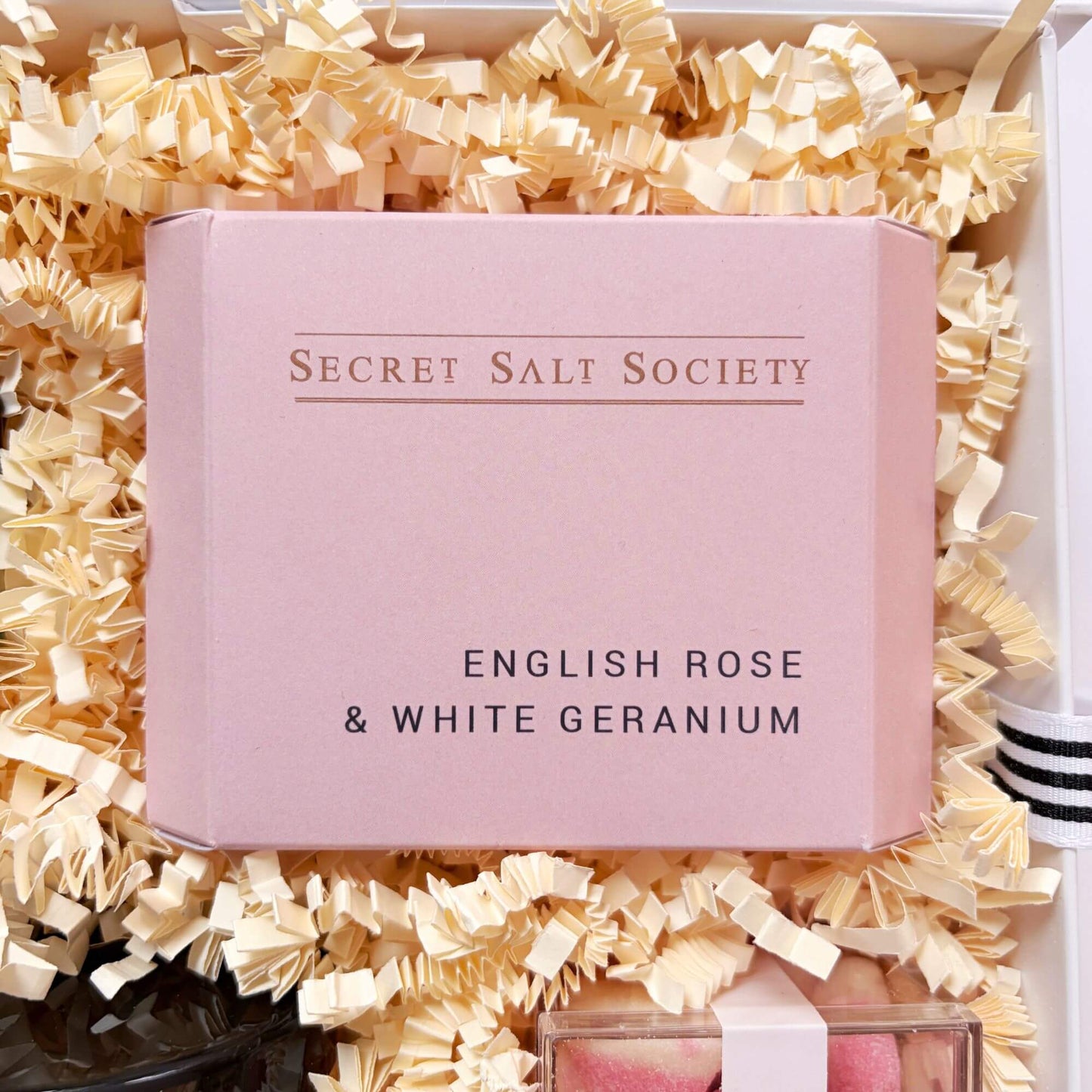 English rose and white geranium bath infusion inside a luxury birthday gift box.