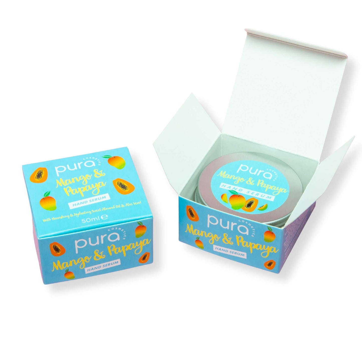 Mango and papaya hand cream in packaging box