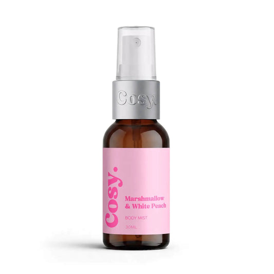 Marshmallow & White Peach Body Mist by Cosy Cosmetics in a 30ml spray bottle on a white background.