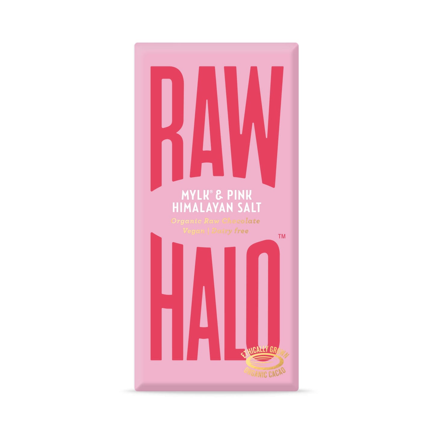 Milk and pink salt vegan chocolate bar in pink packaging on a white background