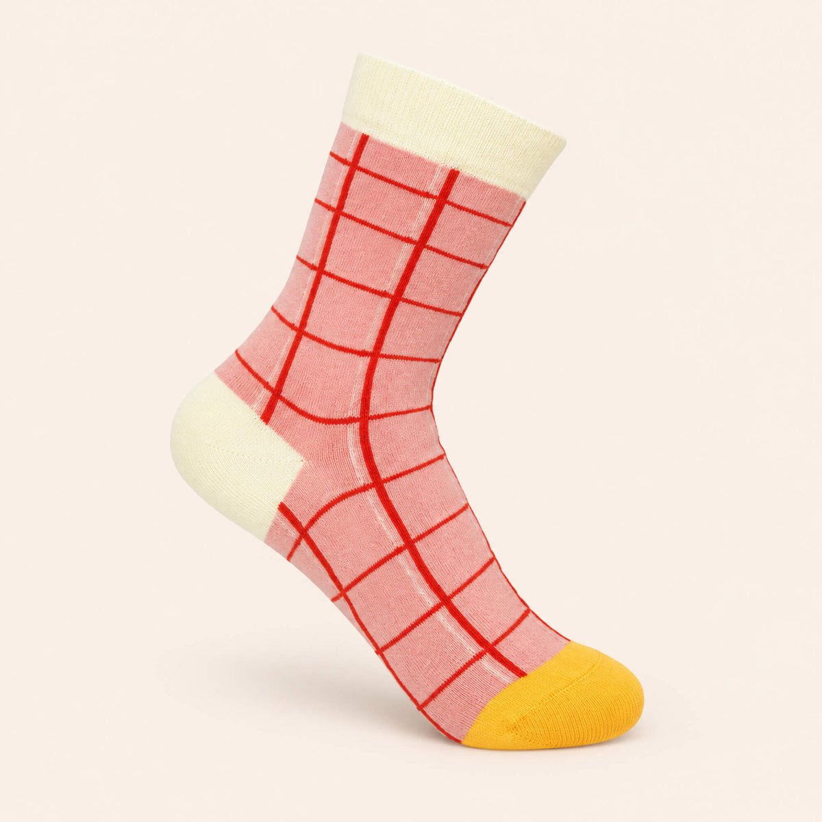 Pink Peper Harow Supima cotton sock with red check pattern, cream cuff and heel, and bright yellow toe, made in England.