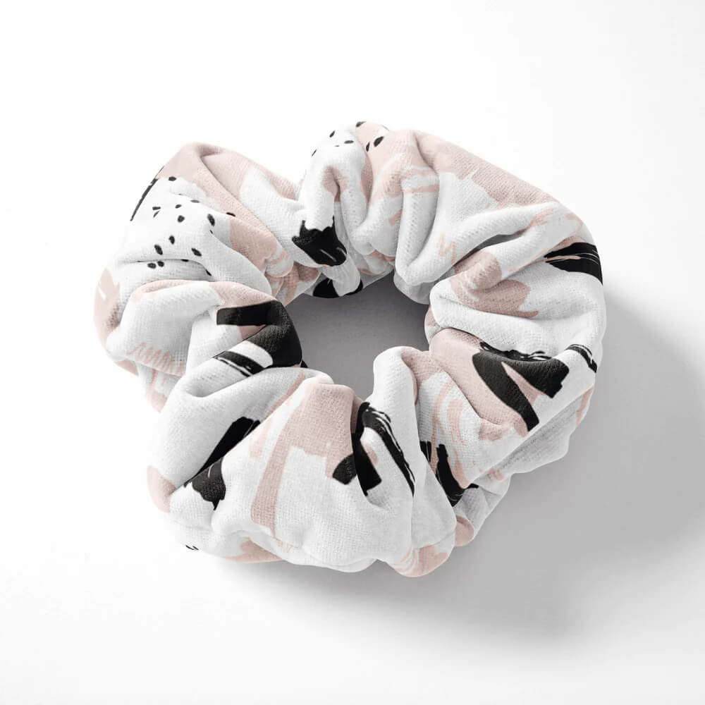 Pink and black abstract patterned hair scrunchie