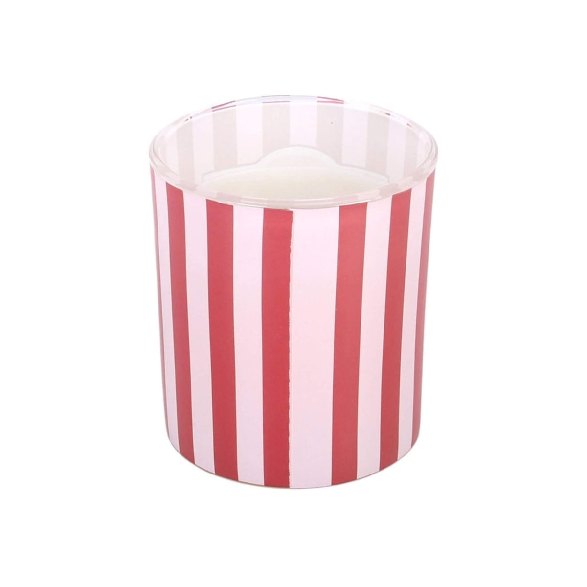 Side view of red and pale pink striped glass Pink Peppermint Christmas candle