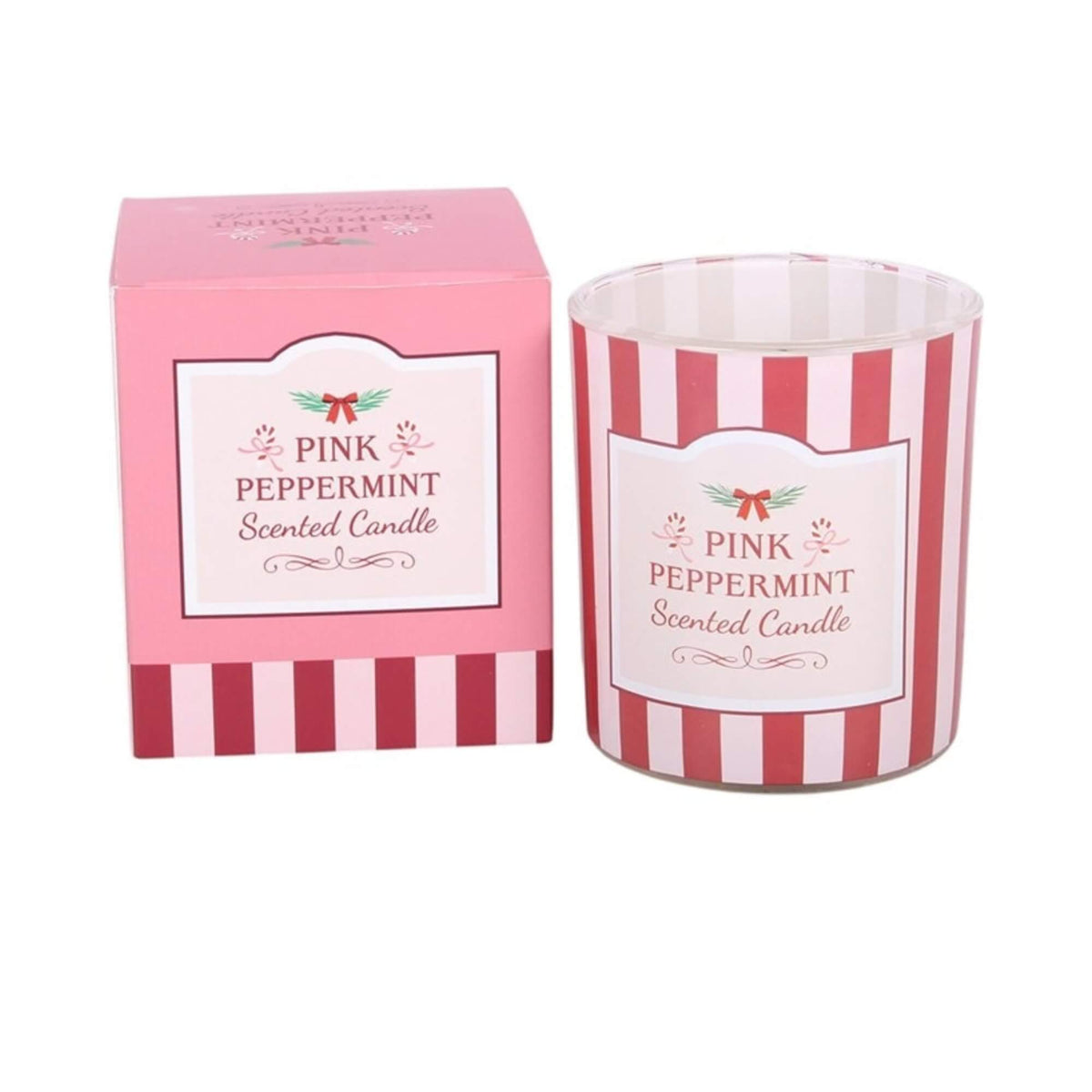 Pink Peppermint scented candle with pink and red striped Christmas gift box