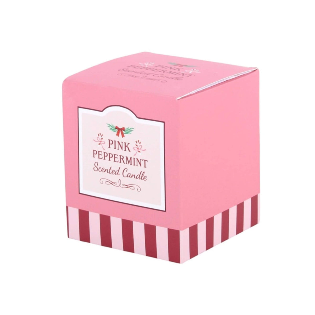 Pink gift box for the Pink Peppermint scented Christmas candle with striped detail