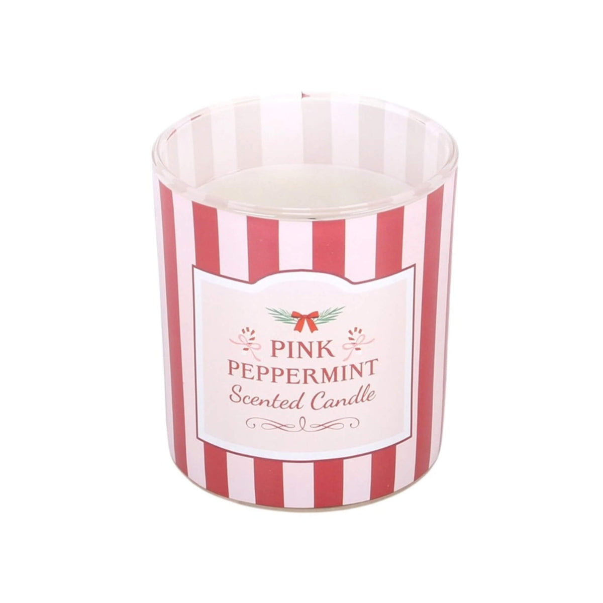 Pink Peppermint scented Christmas candle in red and pale pink striped glass