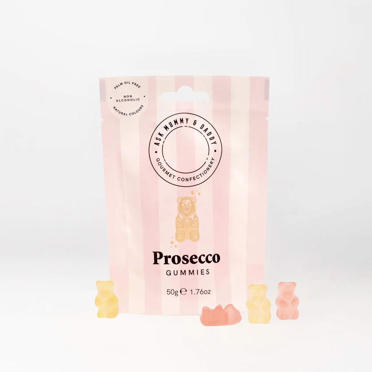 Ask Mummy & Daddy Prosecco gummy sweets in a pink striped 50g pouch with gummy bears