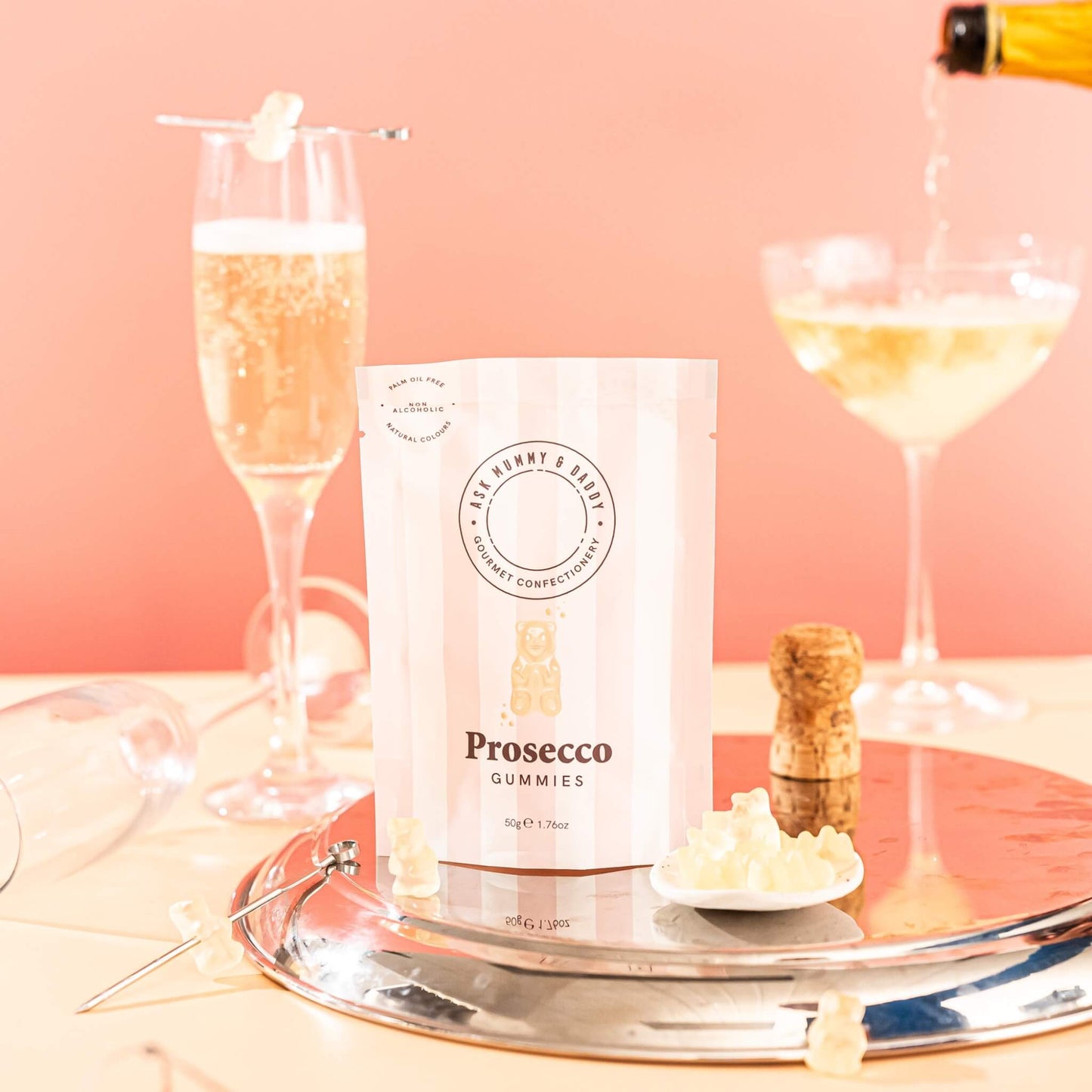 Prosecco gummy bear sweets with glasses of prosecco