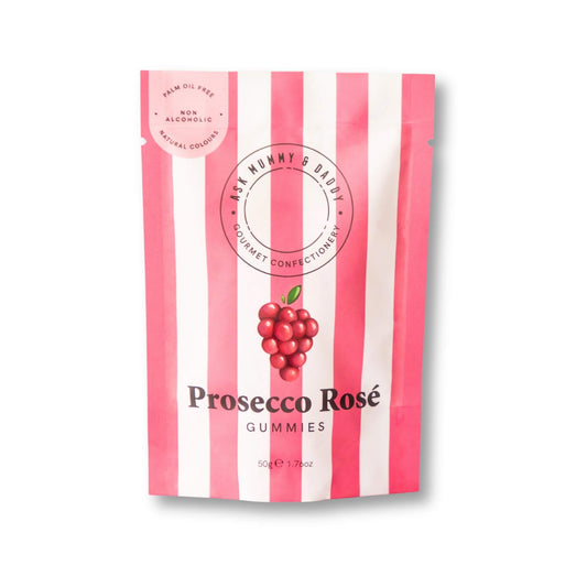 Prosecco Rosé cocktail gummy sweets in a bright pink and white stripe pouch